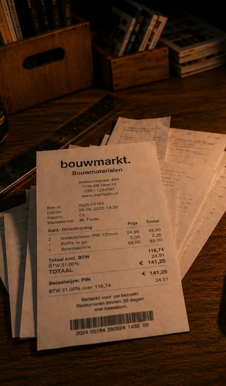 Een stapel kassabonnen en facturen op een werkbank