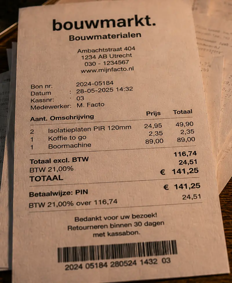 Voorbeeldbon van de bouwmarkt
